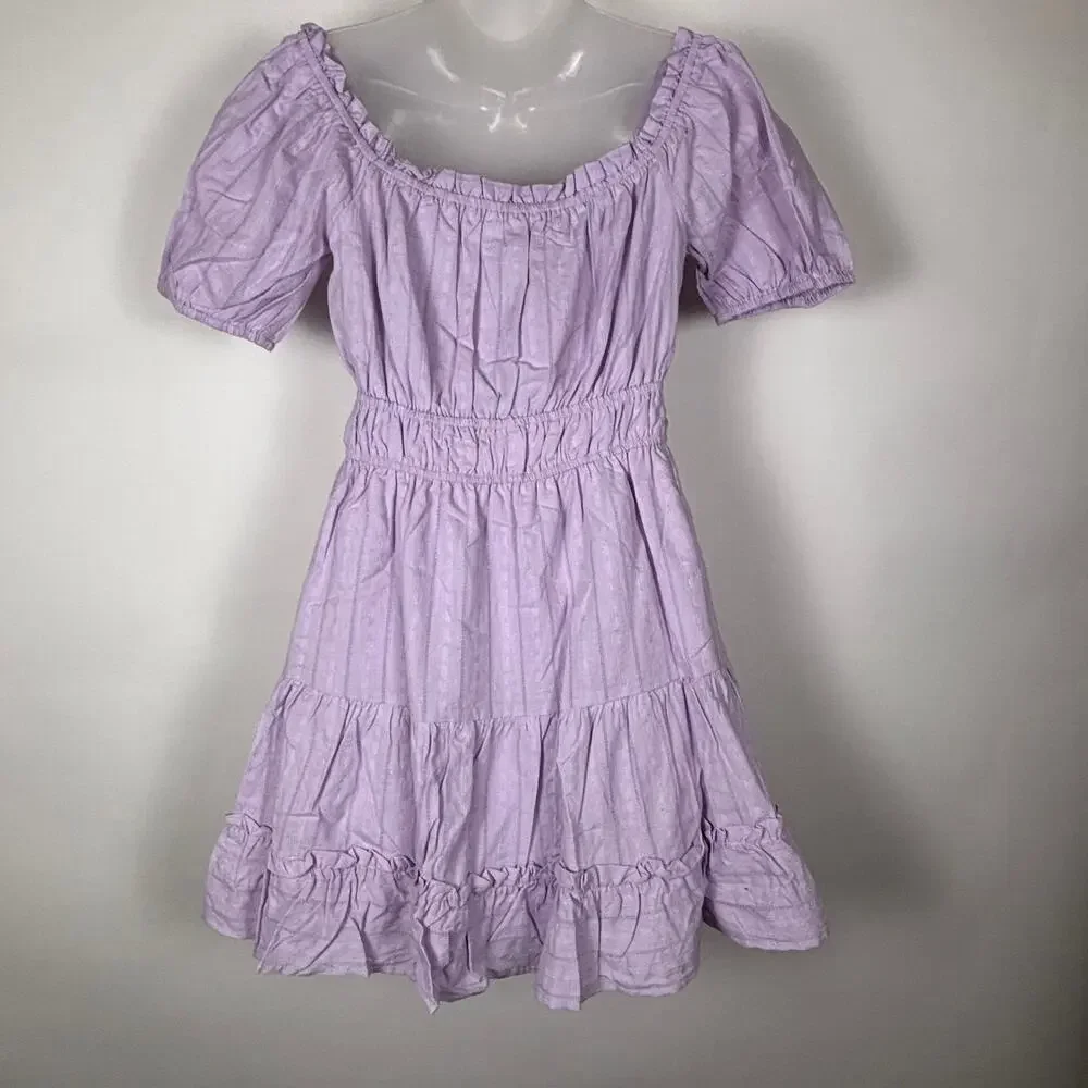 Lost + Wander Mini Dress Puff Sleeve Tiered Purple XS NWT